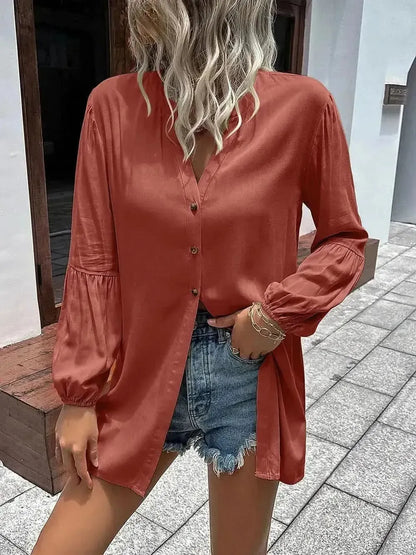 Ivy Lane Notched Neck Balloon Sleeve Shirt - Bad Moms Club
