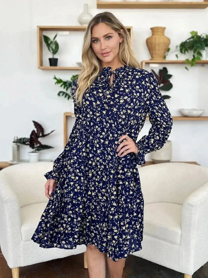 Double Take Full Size Printed Ruffle Hem Long Sleeve Tiered Dress - Bad Moms Club