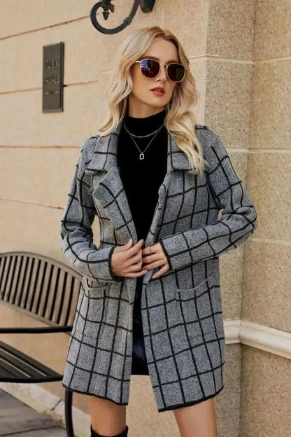 Printed Open Front Lapel Collar Cardigan with Pockets - Bad Moms Club