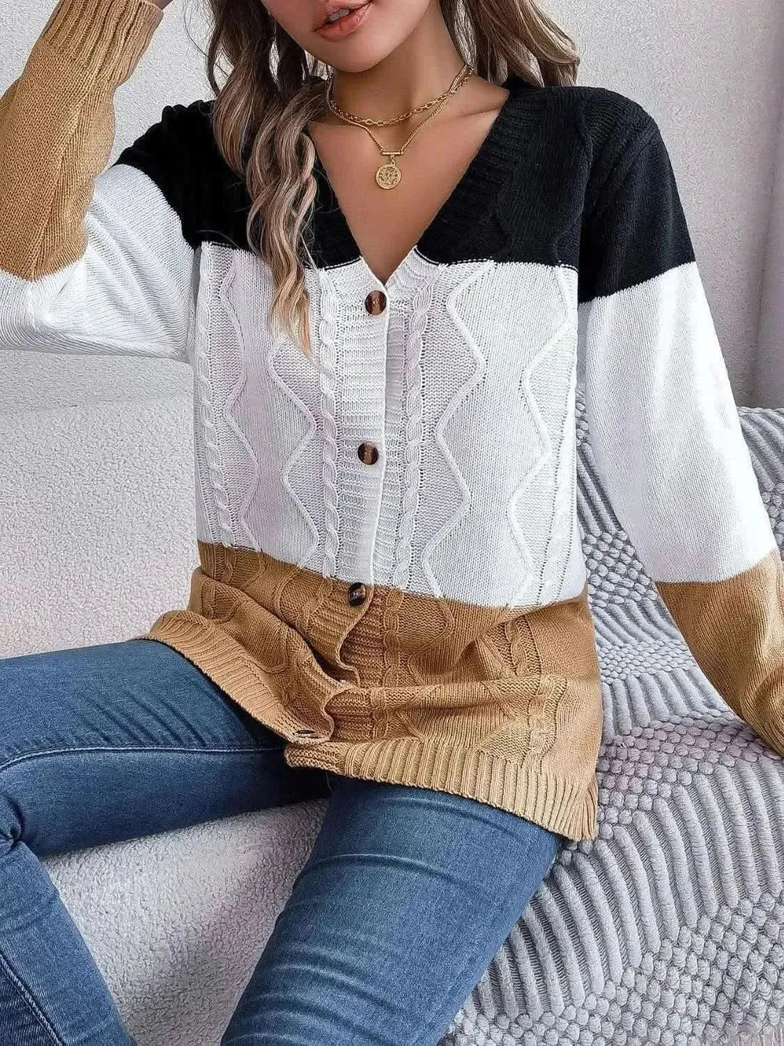 Cable-Knit Striped Button Up Cardigan - Bad Moms Club