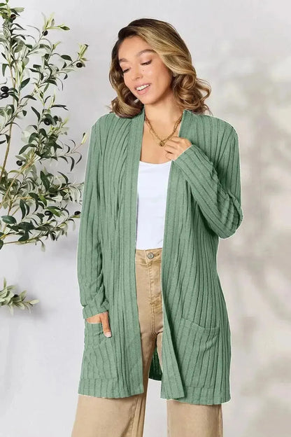Basic Bae Full Size Ribbed Open Front Cardigan with Pockets - Bad Moms Club