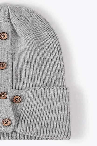 Button Detail Rib-Knit Cuff Beanie - Bad Moms Club