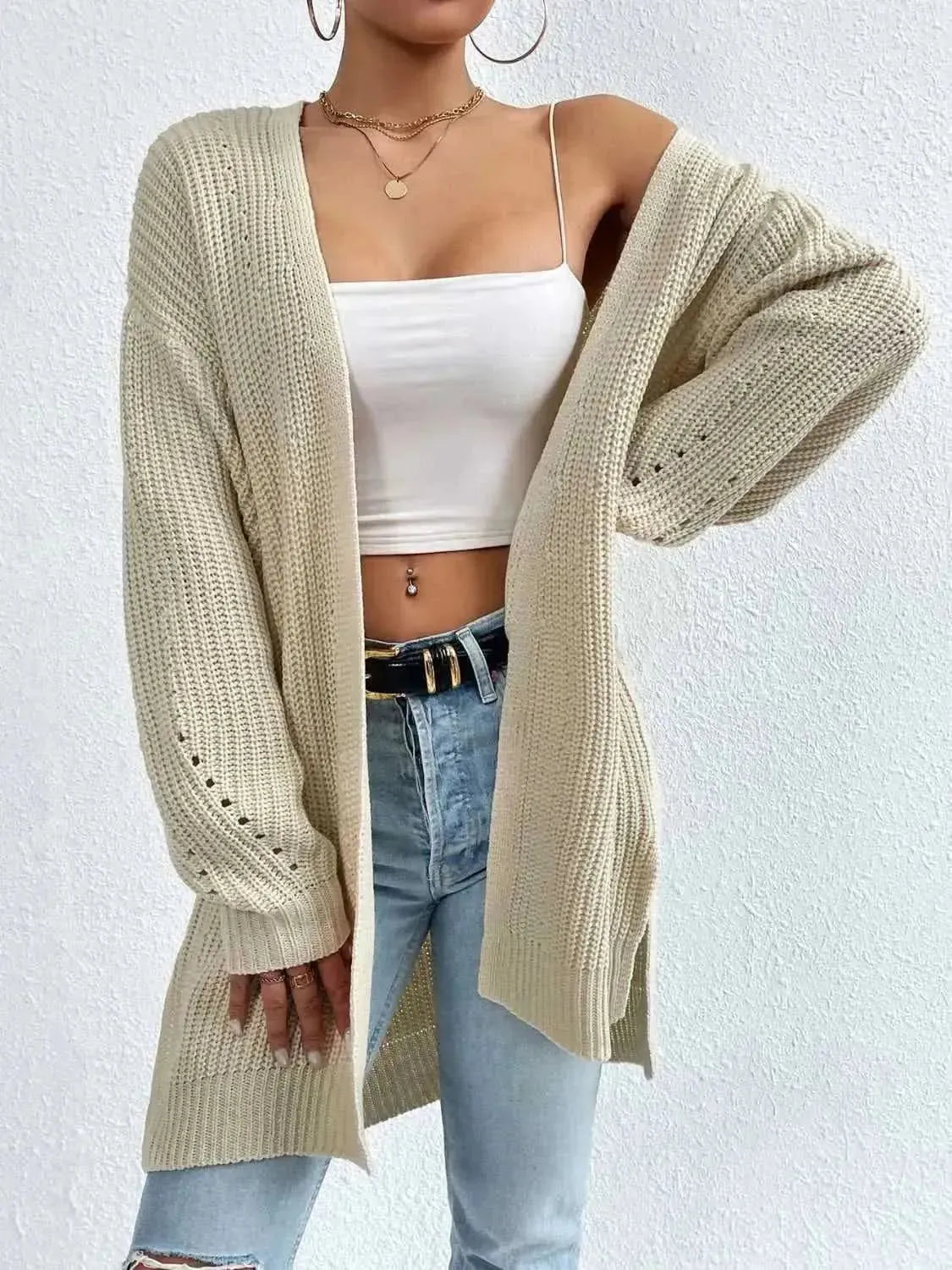 Open Front Dropped Shoulder Slit Cardigan - Bad Moms Club