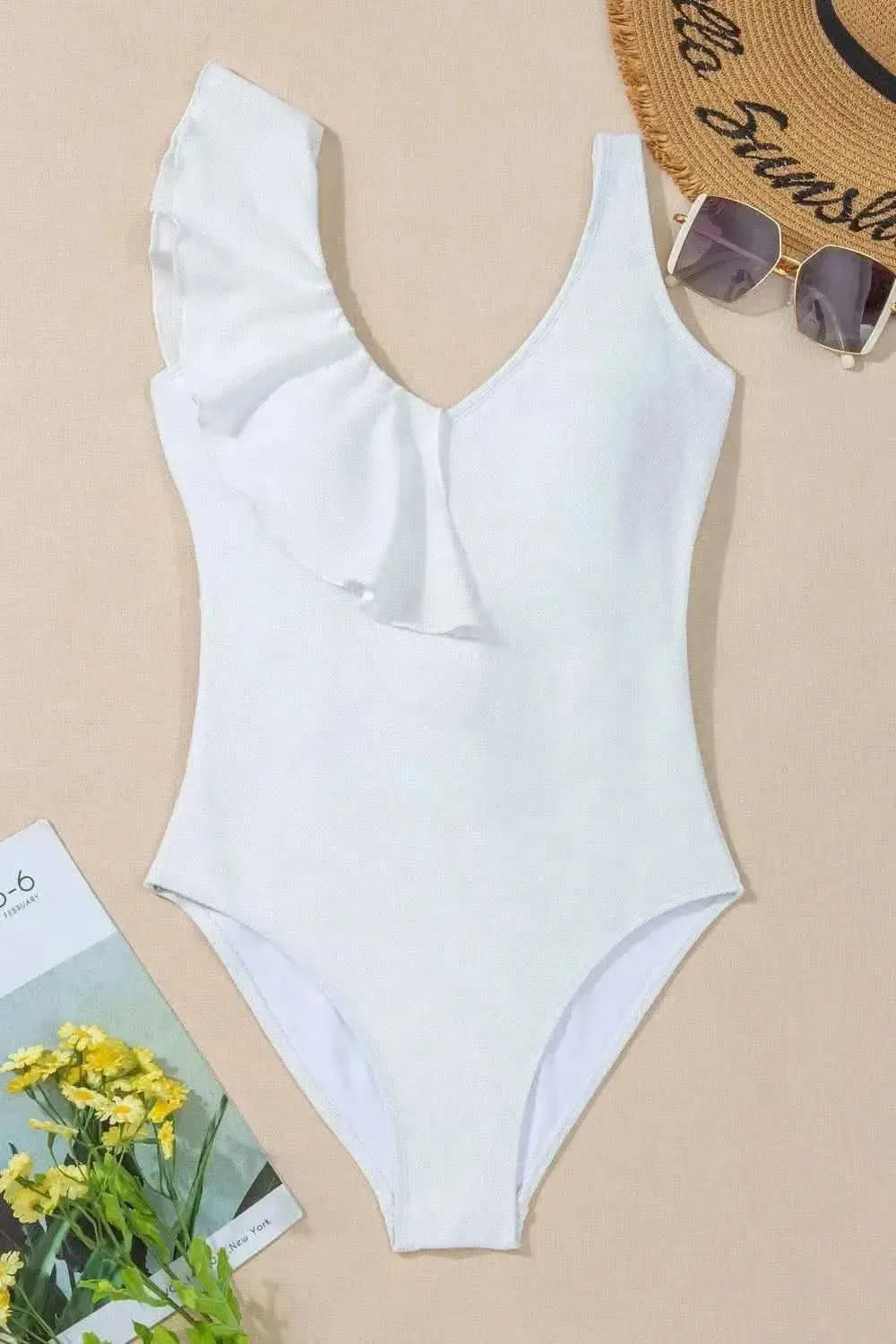 Ruffled V-Neck Wide Strap One-Piece Swimwear - Bad Moms Club