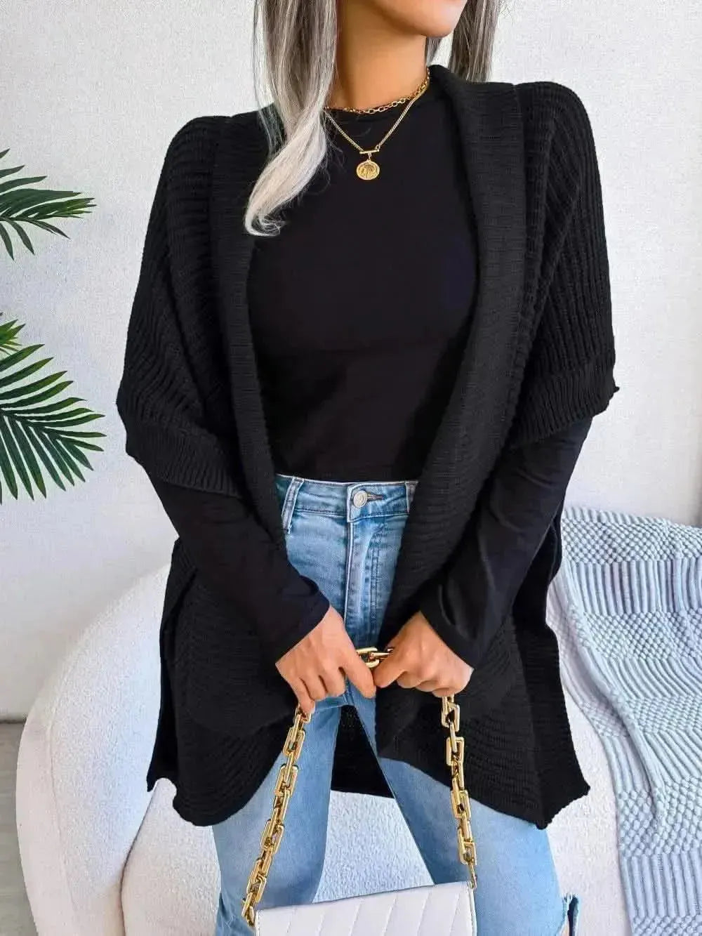 Horizontal Ribbing Open Front Slit Cardigan - Bad Moms Club