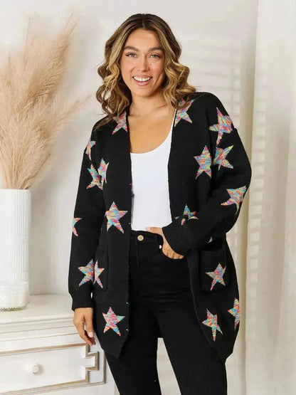 Star Pattern Open Front Cardigan with Pockets - Bad Moms Club