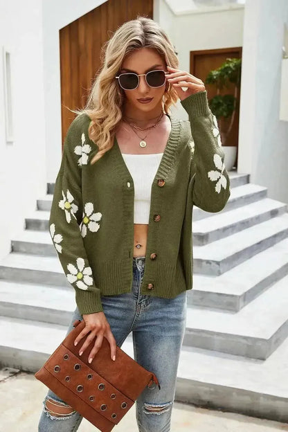Flower Pattern Button Front Cardigan - Bad Moms Club