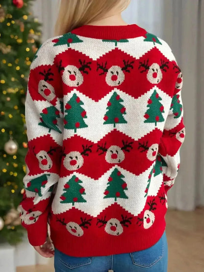 Christmas Element Round Neck Long Sleeve Sweater - Bad Moms Club