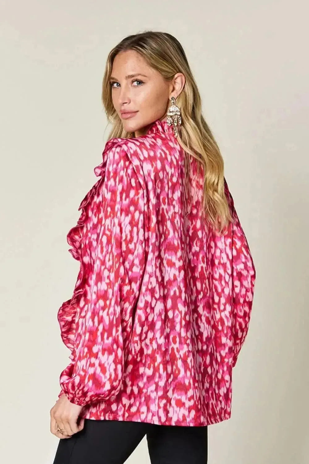 Double Take Full Size Printed Ruffle Trim Balloon Sleeve Shirt - Bad Moms Club