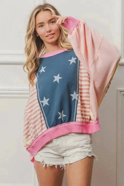 BiBi Stars and Stripes Round Neck Long Sleeve Top - Bad Moms Club