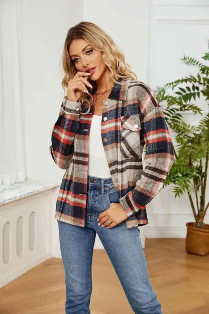 Button Down Collared Plaid Shacket - Bad Moms Club