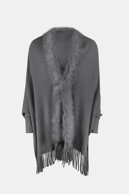 Fringe Open Front Long Sleeve Poncho - Bad Moms Club