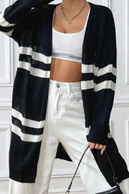 Striped Open Front Dropped Shoulder Cardigan - Bad Moms Club
