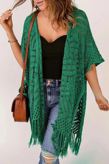Openwork Open Front Cardigan with Fringes - Bad Moms Club
