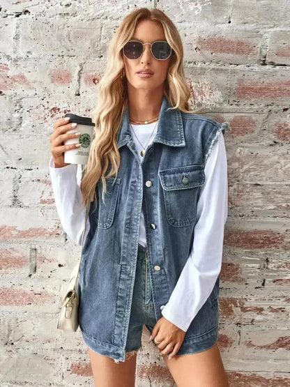 Raw Hem Sleeveless Button Up Denim Jacket - Bad Moms Club