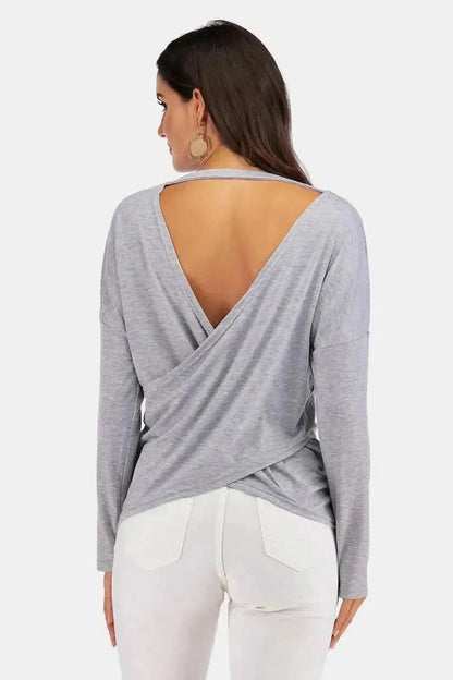 Perfee V-Neck Drop Shoulder Open Back Sweatshirt - Bad Moms Club