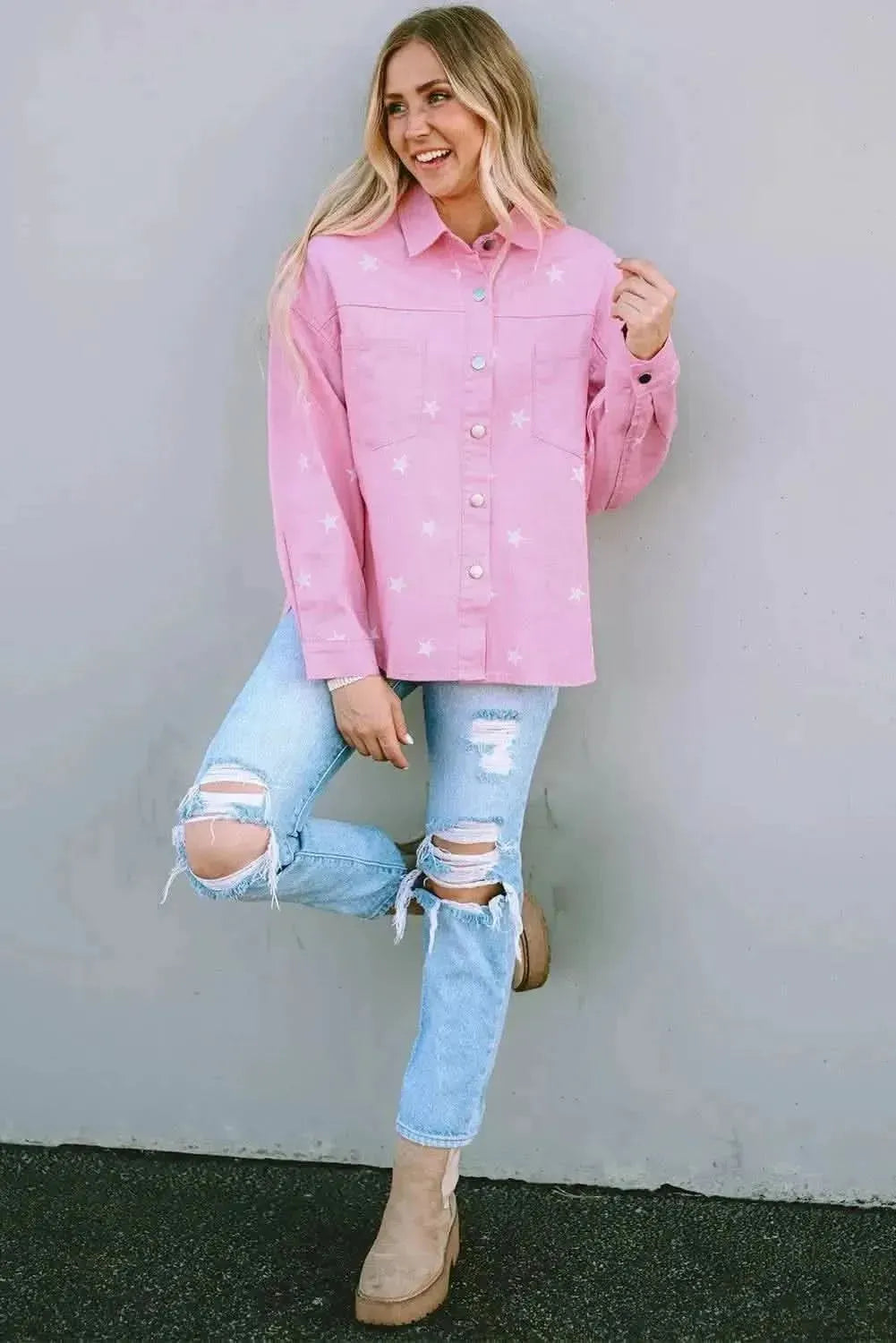 Star Pattern Button Up Slit Denim Jacket - Bad Moms Club