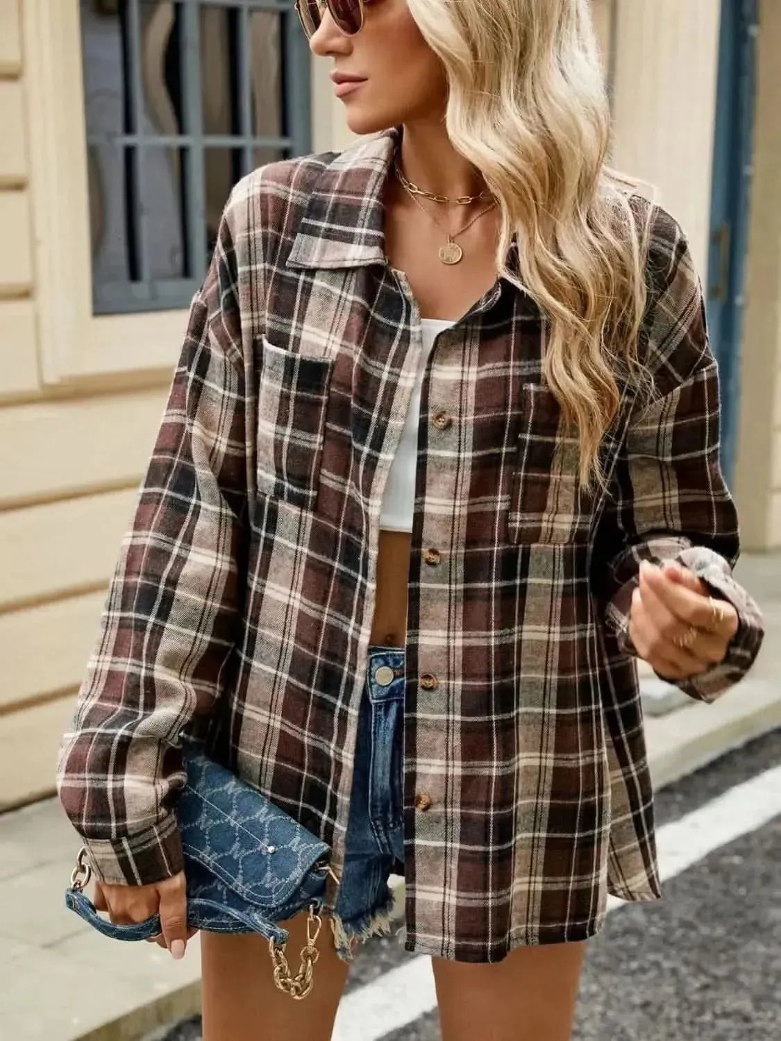 Plaid Collared Neck Long Sleeve Shirt - Bad Moms Club