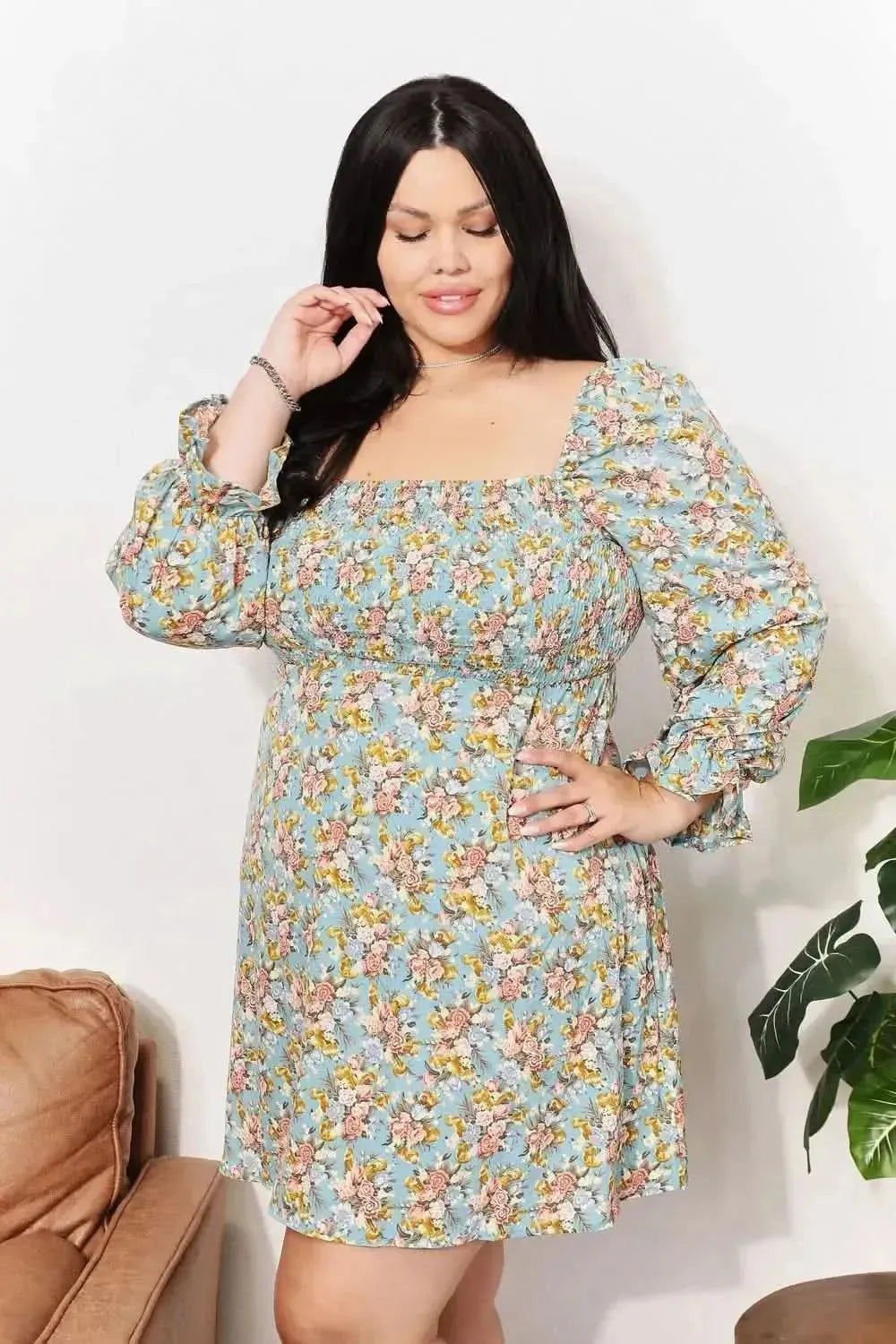 Honey Floral Smocked Flounce Sleeve Square Neck Dress - Bad Moms Club