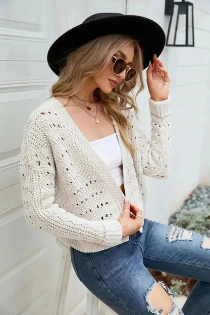 Open Front Cuffed Cropped Cardigan - Bad Moms Club