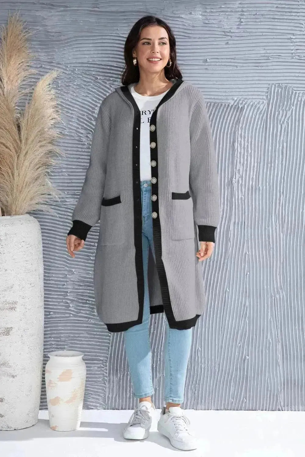 Button Up Contrast Trim Hooded Cardigan - Bad Moms Club