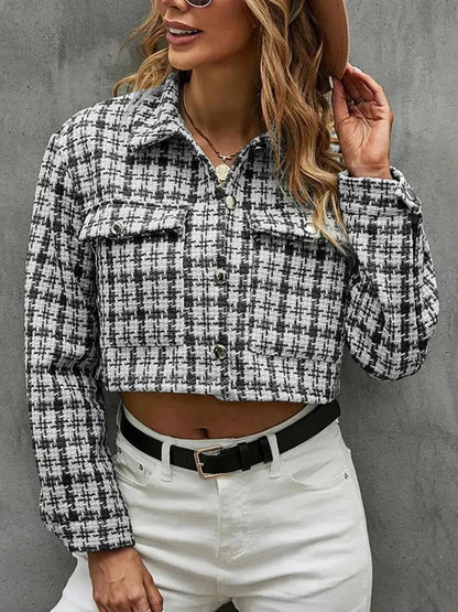 Plaid Button Up Collared Neck Long Sleeve Jacket - Bad Moms Club