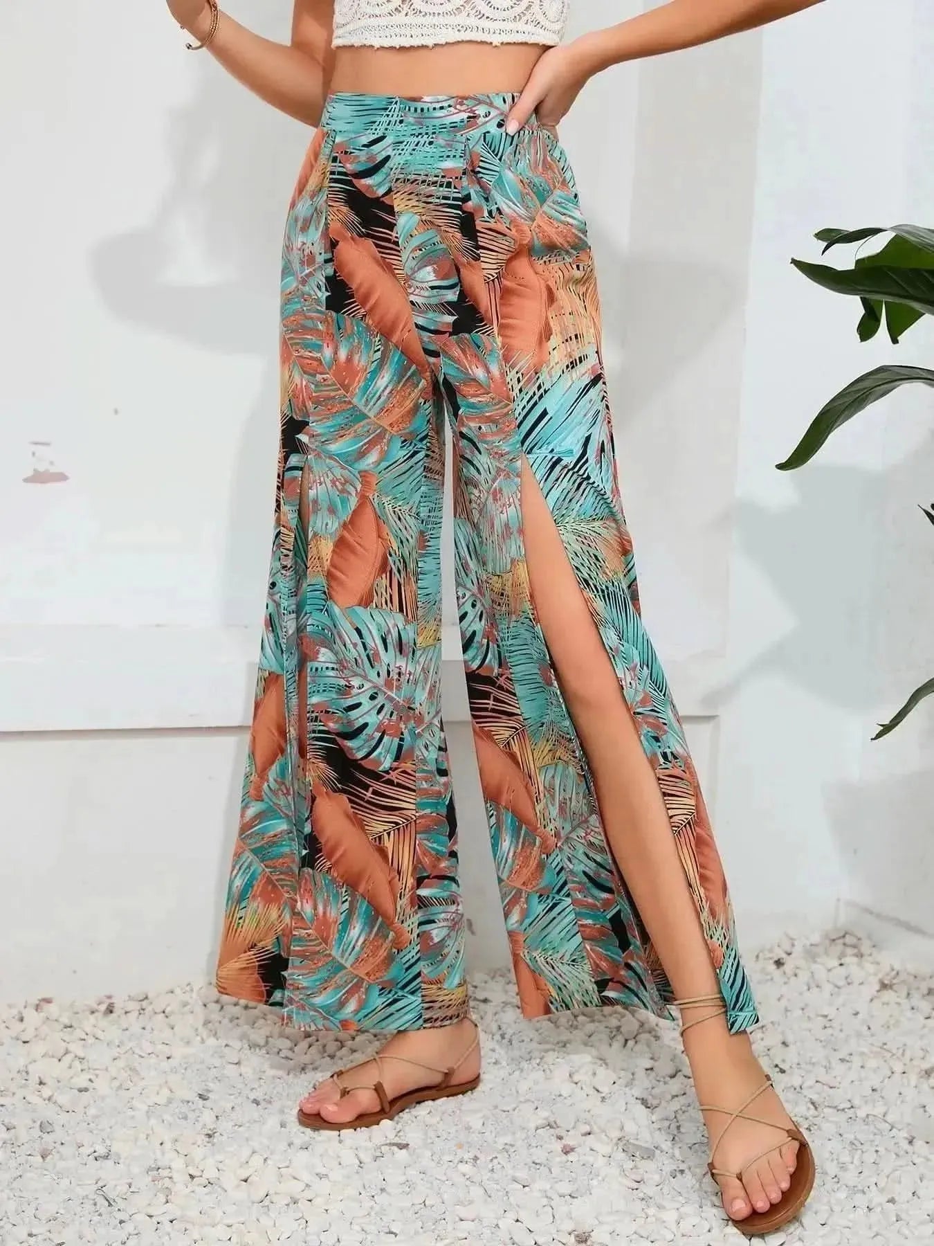 Printed Split Wide Leg Long Pants - Bad Moms Club