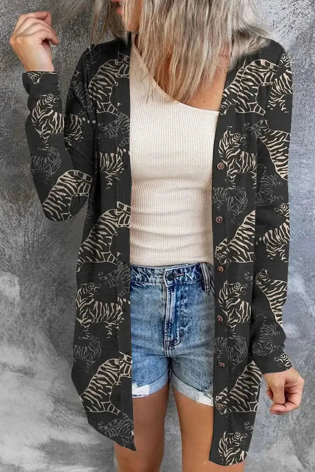 Tiger Print Button Up Long Sleeve Cardigan - Bad Moms Club