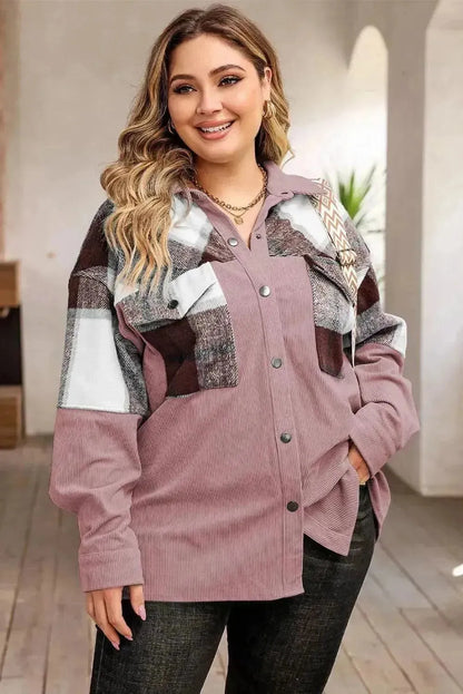 Plus Size Plaid Snap Down Jacket with Pockets - Bad Moms Club