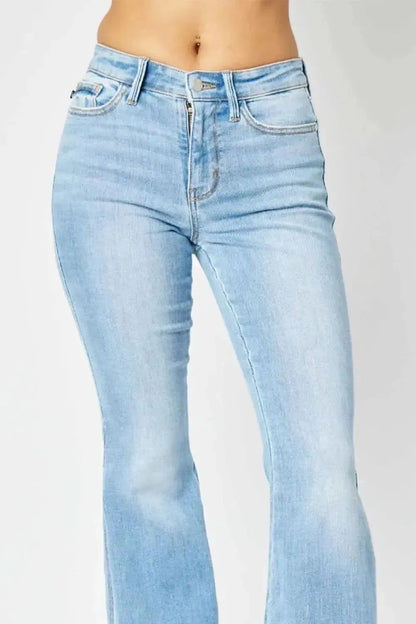 Judy Blue Full Size Mid Rise Raw Hem Slit Flare Jeans - Bad Moms Club