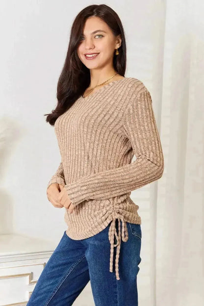 Double Take Drawstring Ribbed Long Sleeve T-Shirt - Bad Moms Club