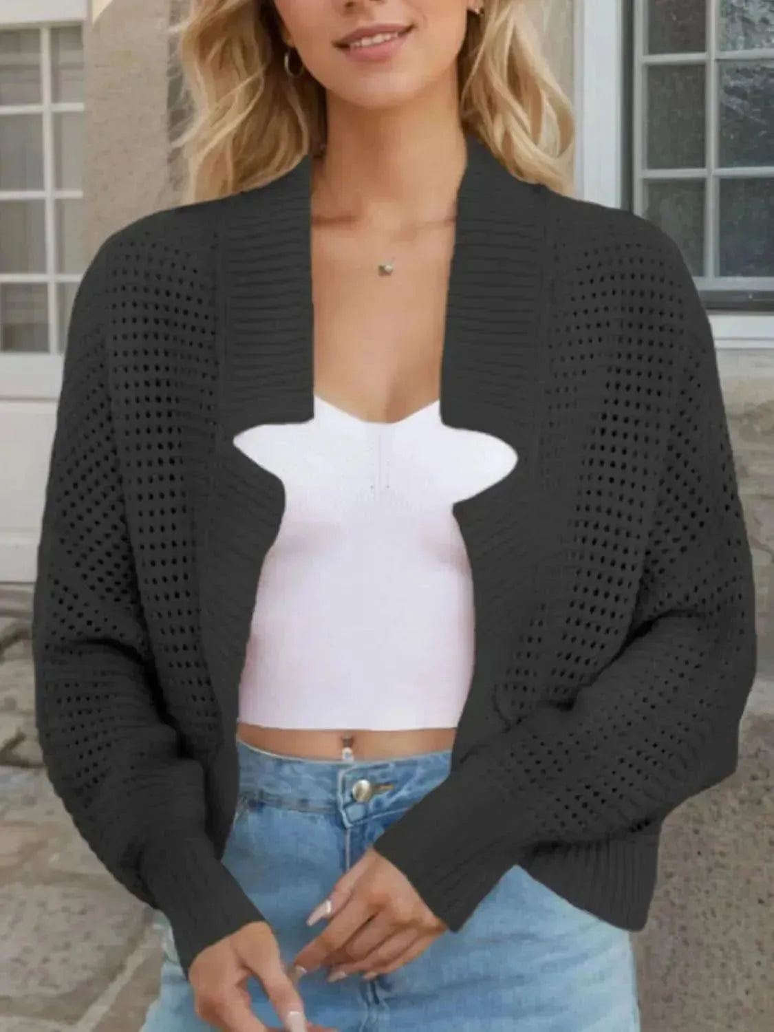 Openwork Open Front Long Sleeve Cardigan - Bad Moms Club