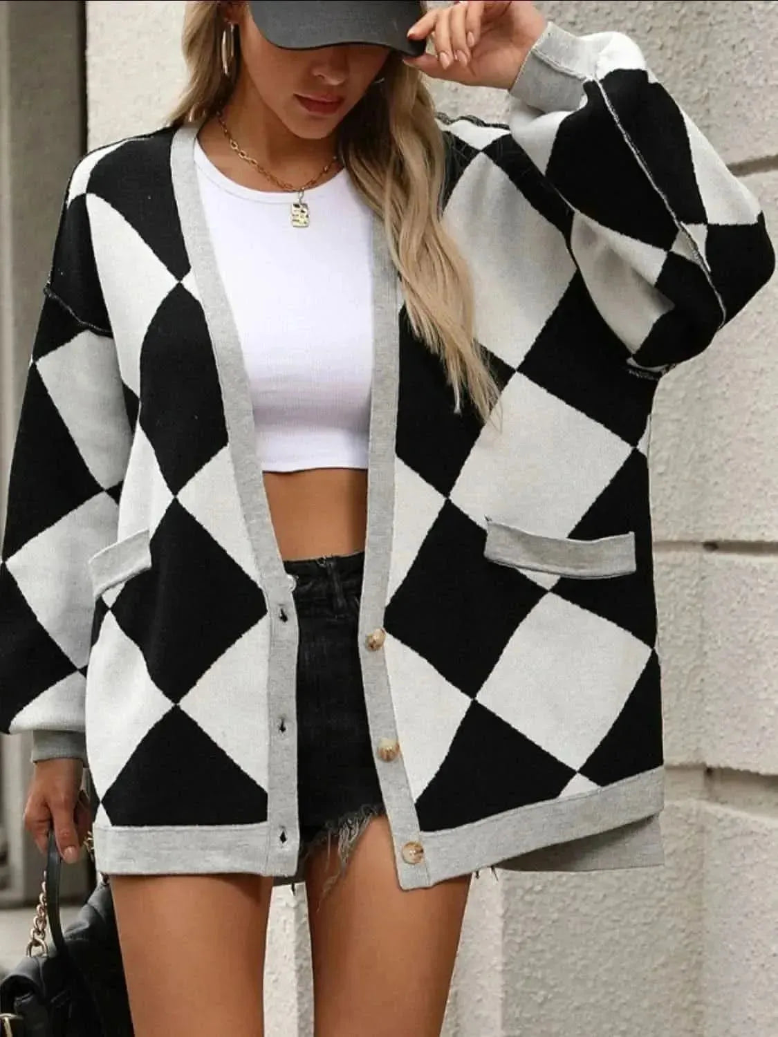 Checkered Dropped Shoulder Long Sleeve Cardigan - Bad Moms Club