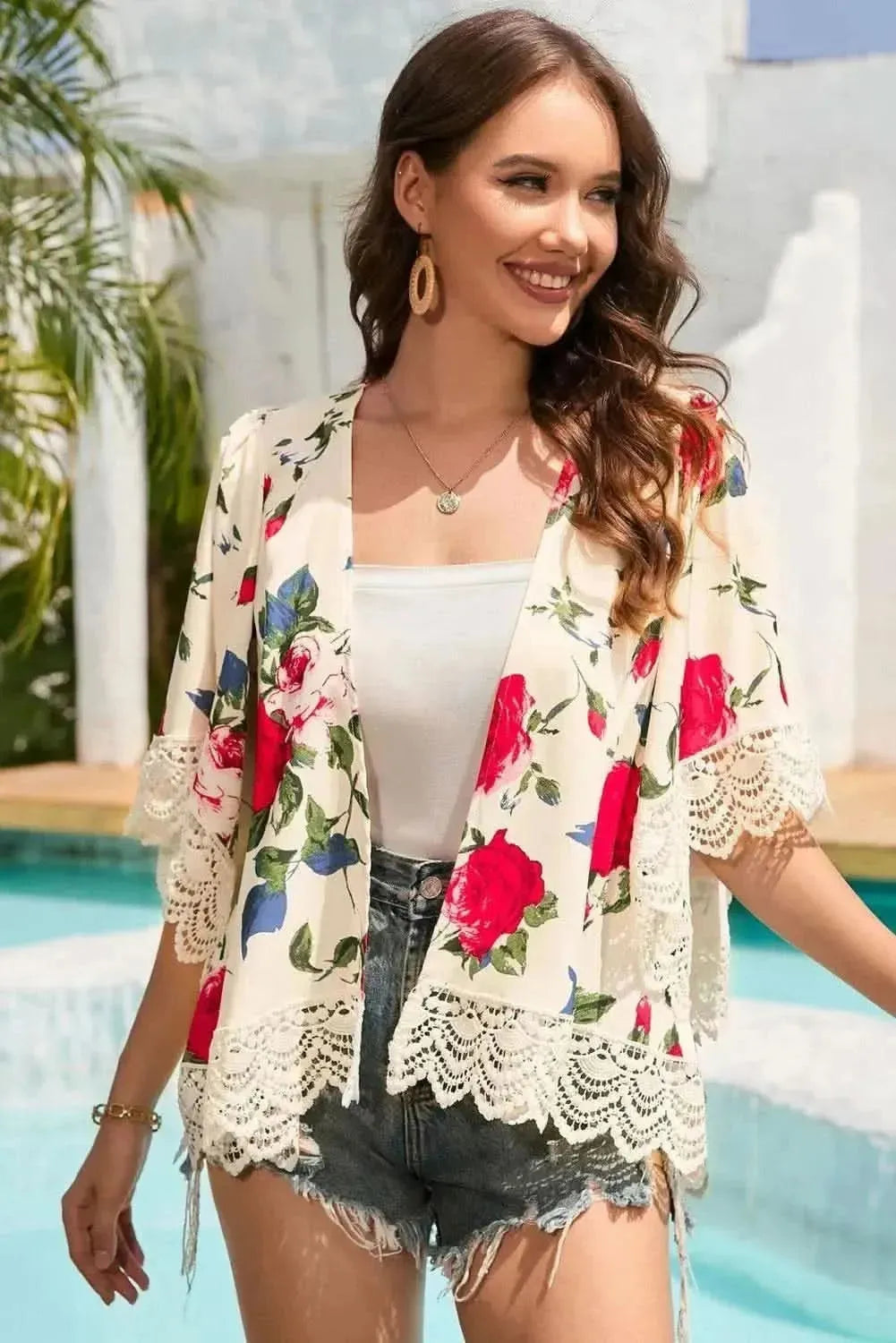 Floral Print Flounce Sleeve Cardigan - Bad Moms Club