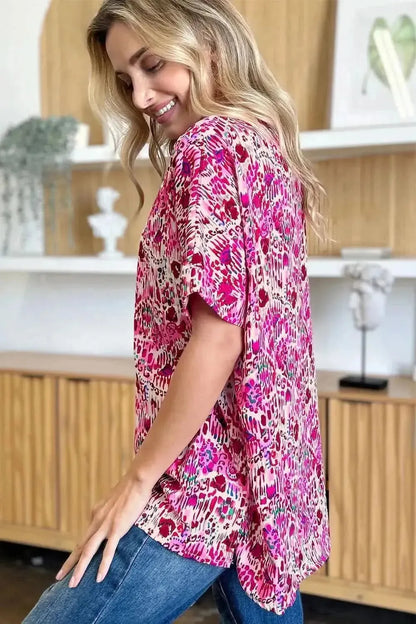 Double Take Full Size Printed V-Neck Short Sleeve Blouse - Bad Moms Club