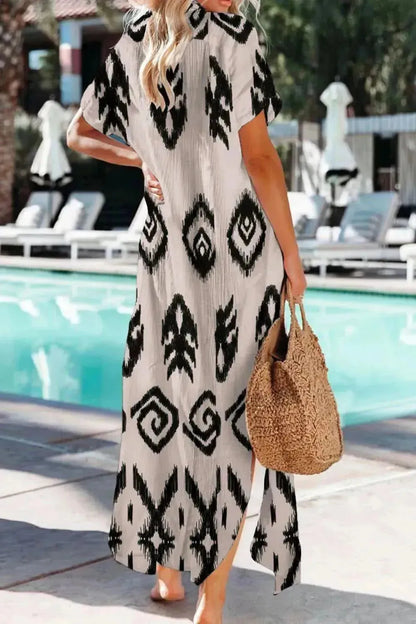 Geometric Button Up Short Sleeve Cover Up - Bad Moms Club