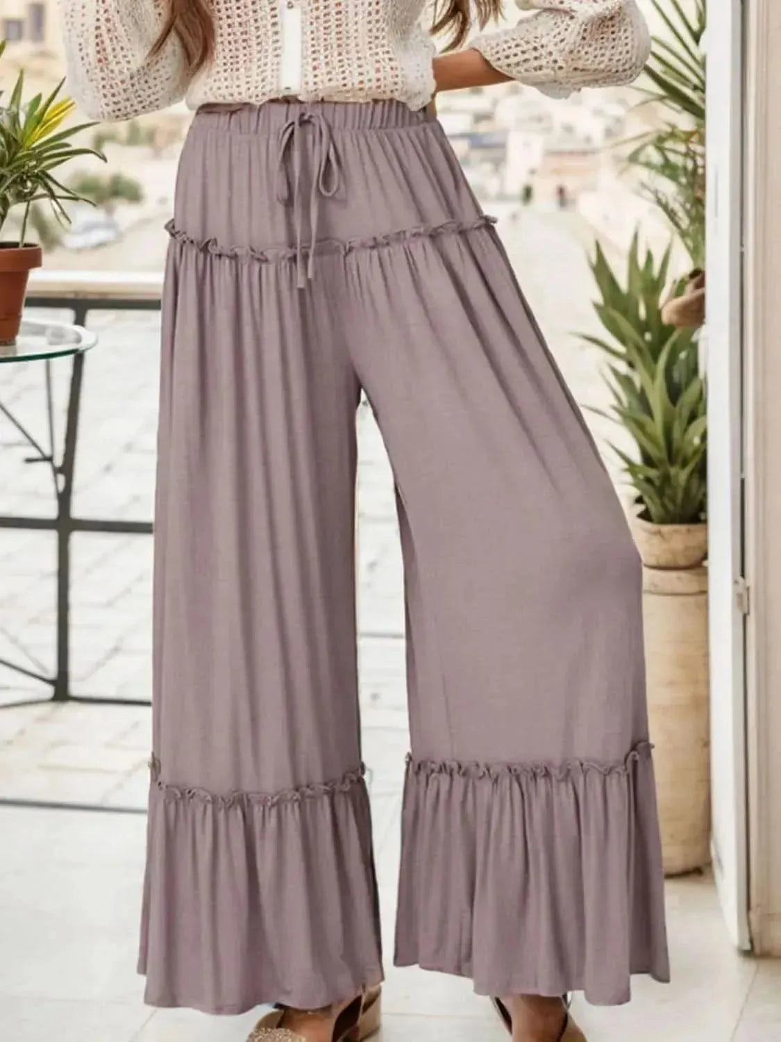 Wide Leg Ruffle Trim Pants - Bad Moms Club