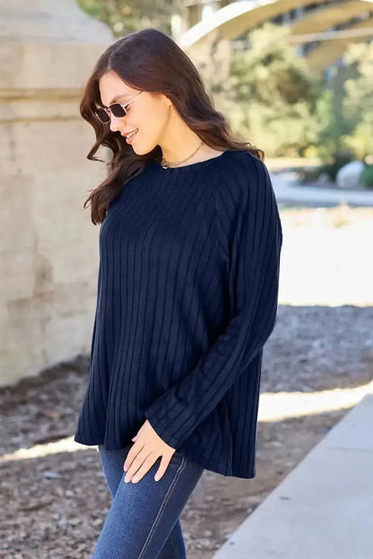 Basic Bae Full Size Ribbed Round Neck Long Sleeve Knit Top - Bad Moms Club