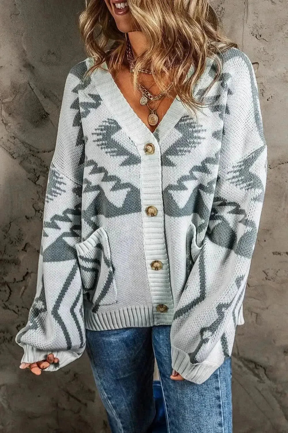 Printed Button Up V-Neck Long Sleeve Cardigan - Bad Moms Club