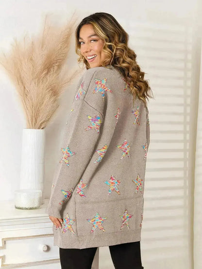 Star Pattern Open Front Cardigan with Pockets - Bad Moms Club