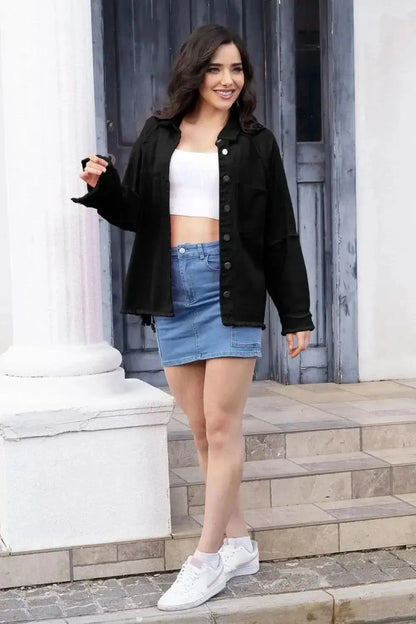 Raw Hem Pocketed Collared Neck Denim Jacket - Bad Moms Club