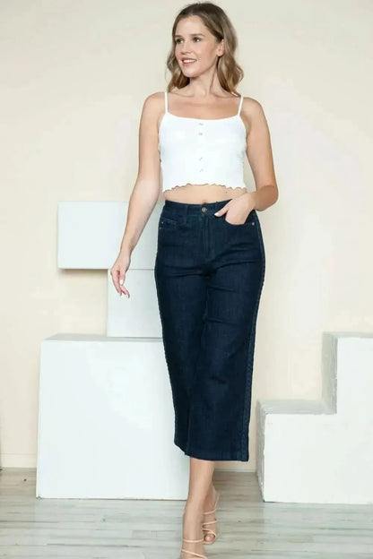 Judy Blue Full Size Side Seam Braid Detail Crop Wide Leg Jeans - Bad Moms Club