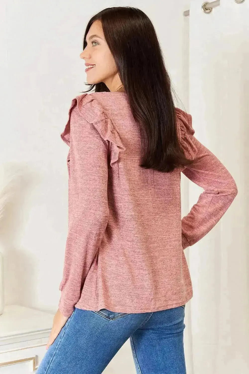Double Take Square Neck Ruffle Shoulder Long Sleeve T-Shirt - Bad Moms Club