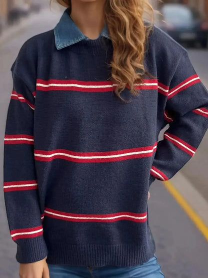 Contrast Stripes Round Neck Long Sleeve Sweater - Bad Moms Club