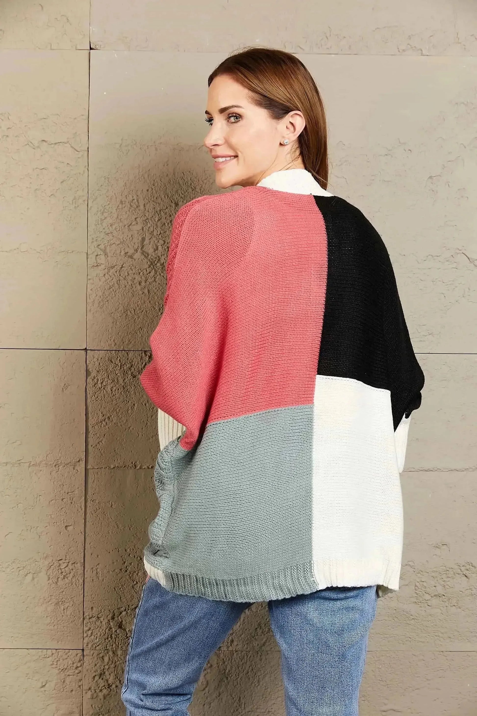 Woven Right Color Block Cable-Knit Batwing Sleeve Cardigan - Bad Moms Club
