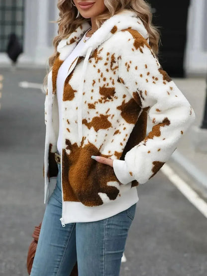 Fuzzy Drawstring Zip Up Hooded Jacket - Bad Moms Club