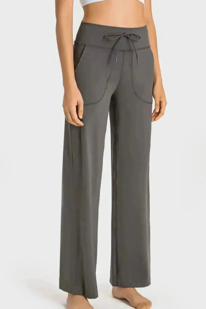 Drawstring Waist Wide Leg Sports Pants with Pockets - Bad Moms Club
