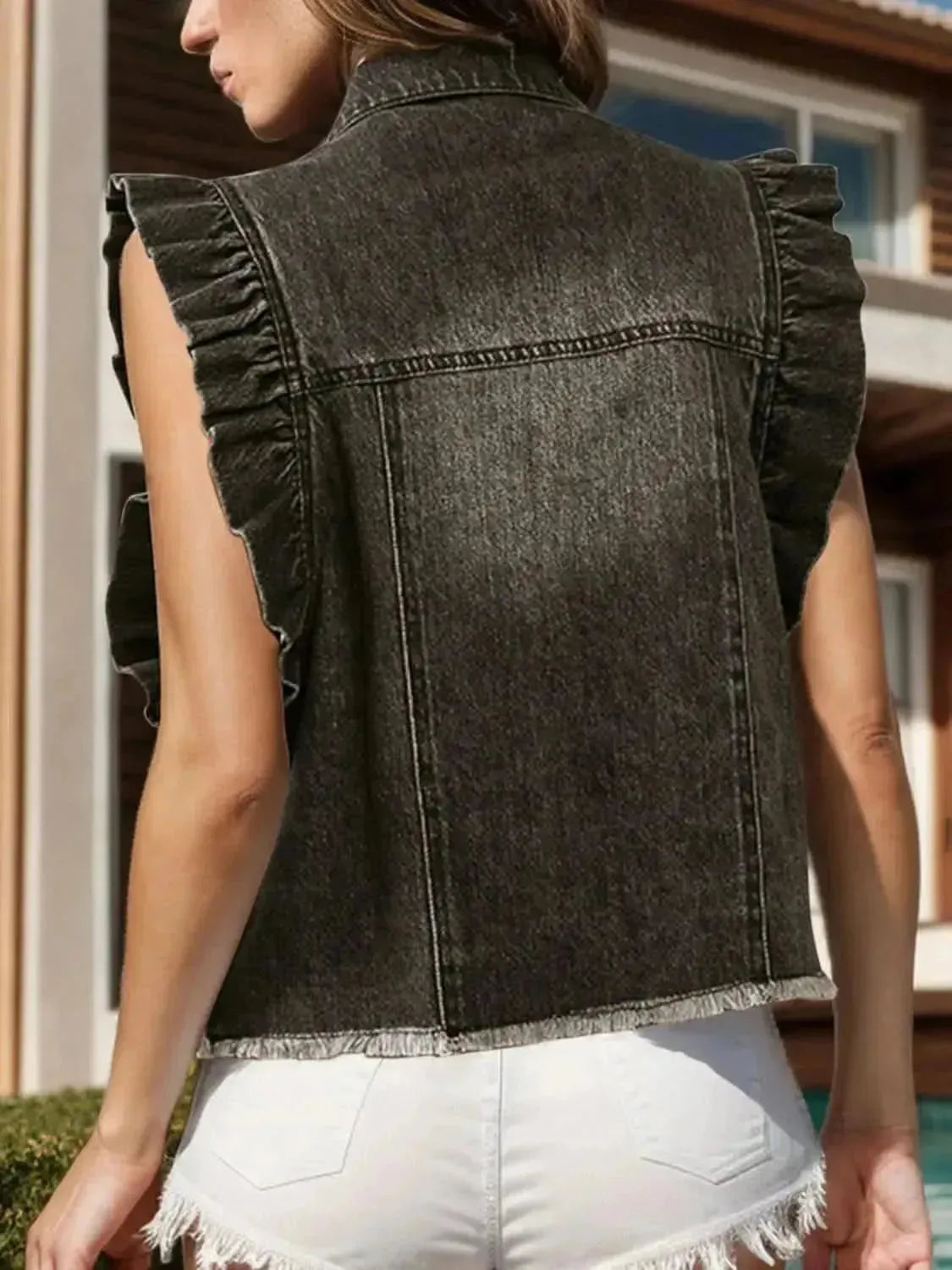 Raw Hem Ruffled Cap Sleeve Denim Jacket - Bad Moms Club