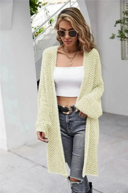 Herringbone Pattern Open Front Longline Fuzzy Cardigan - Bad Moms Club