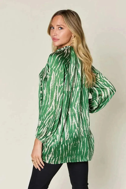 Double Take Full Size Printed Button Up Long Sleeve Shirt - Bad Moms Club